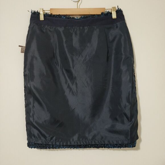 J. McLaughlin Womens Tweed Pencil Skirt Size 8 Navy Blue Black Fringe Lined - Picture 3 of 6